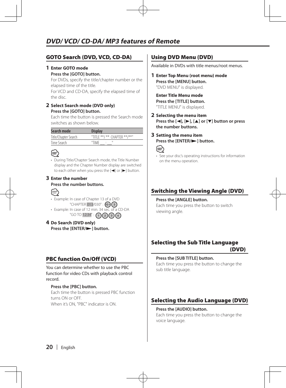 Dvd/ vcd/ cd-da/ mp3 features of remote | Kenwood KDV-MP765 User Manual | Page 20 / 42