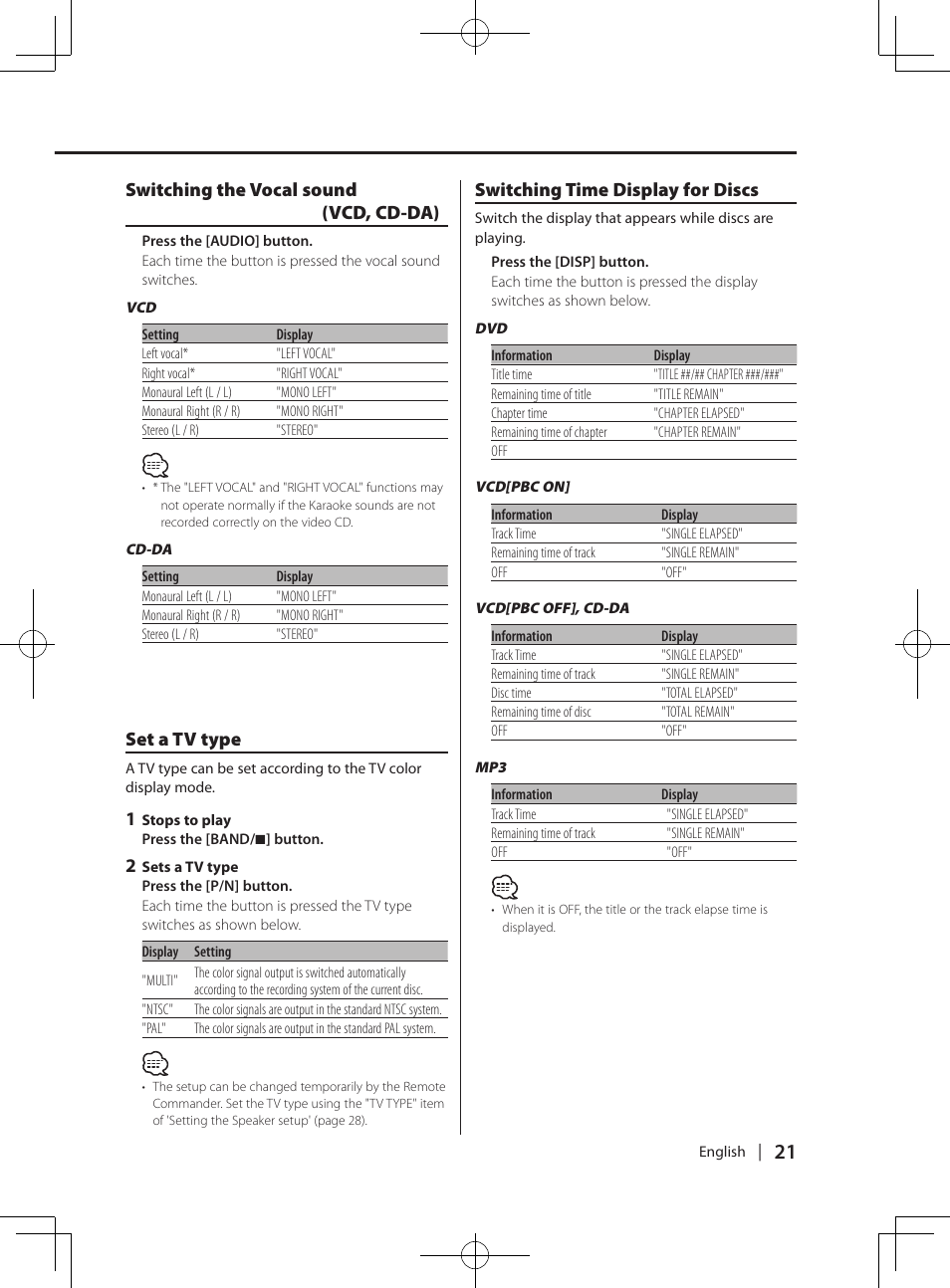 Dvd/ vcd/ cd-da/ mp3 features of remote, Switching the vocal sound (vcd, cd-da), Set a tv type | Switching time display for discs | Kenwood KDV-MP765 User Manual | Page 21 / 42