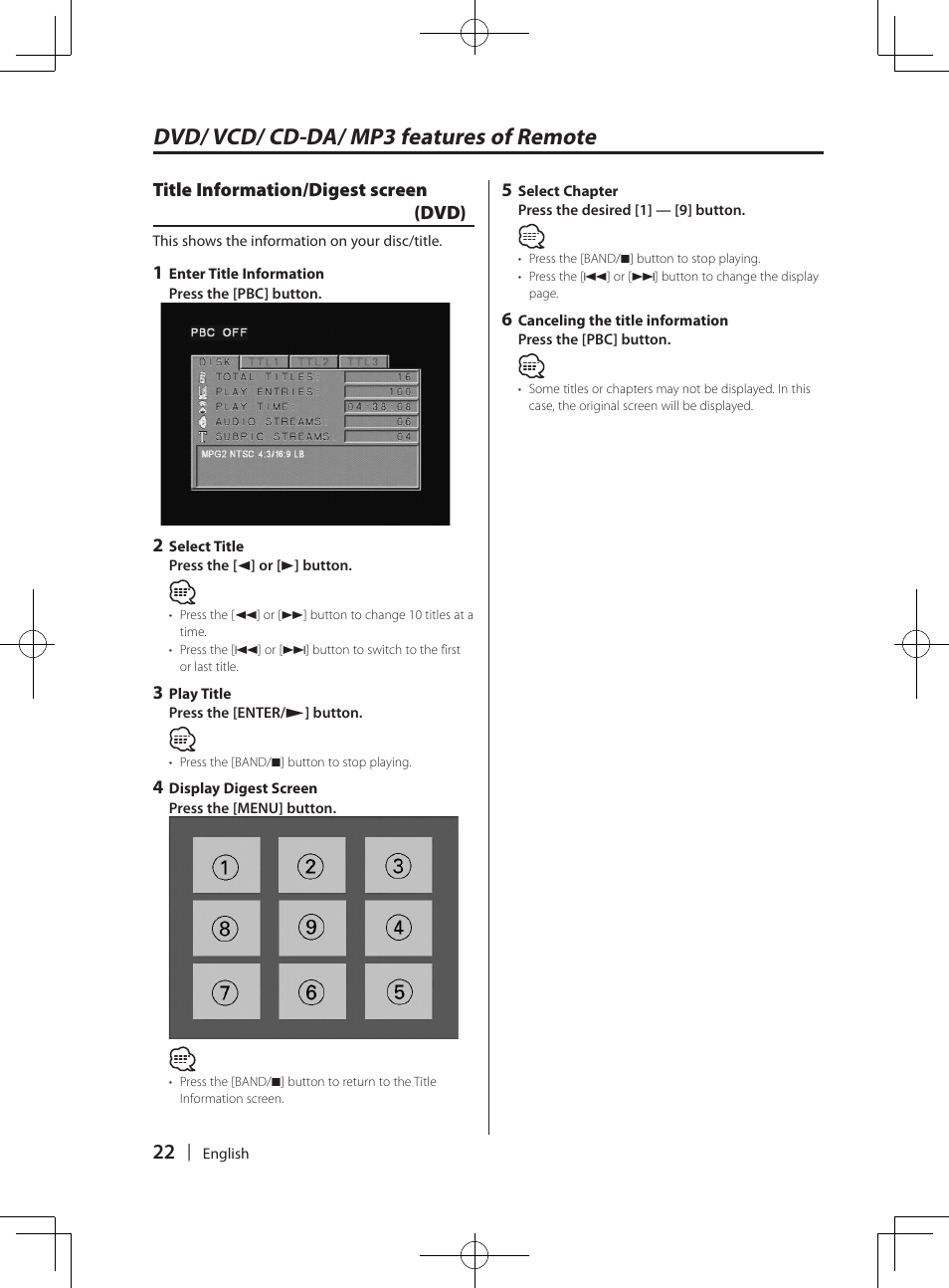 Dvd/ vcd/ cd-da/ mp3 features of remote, Title information/digest screen (dvd) | Kenwood KDV-MP765 User Manual | Page 22 / 42