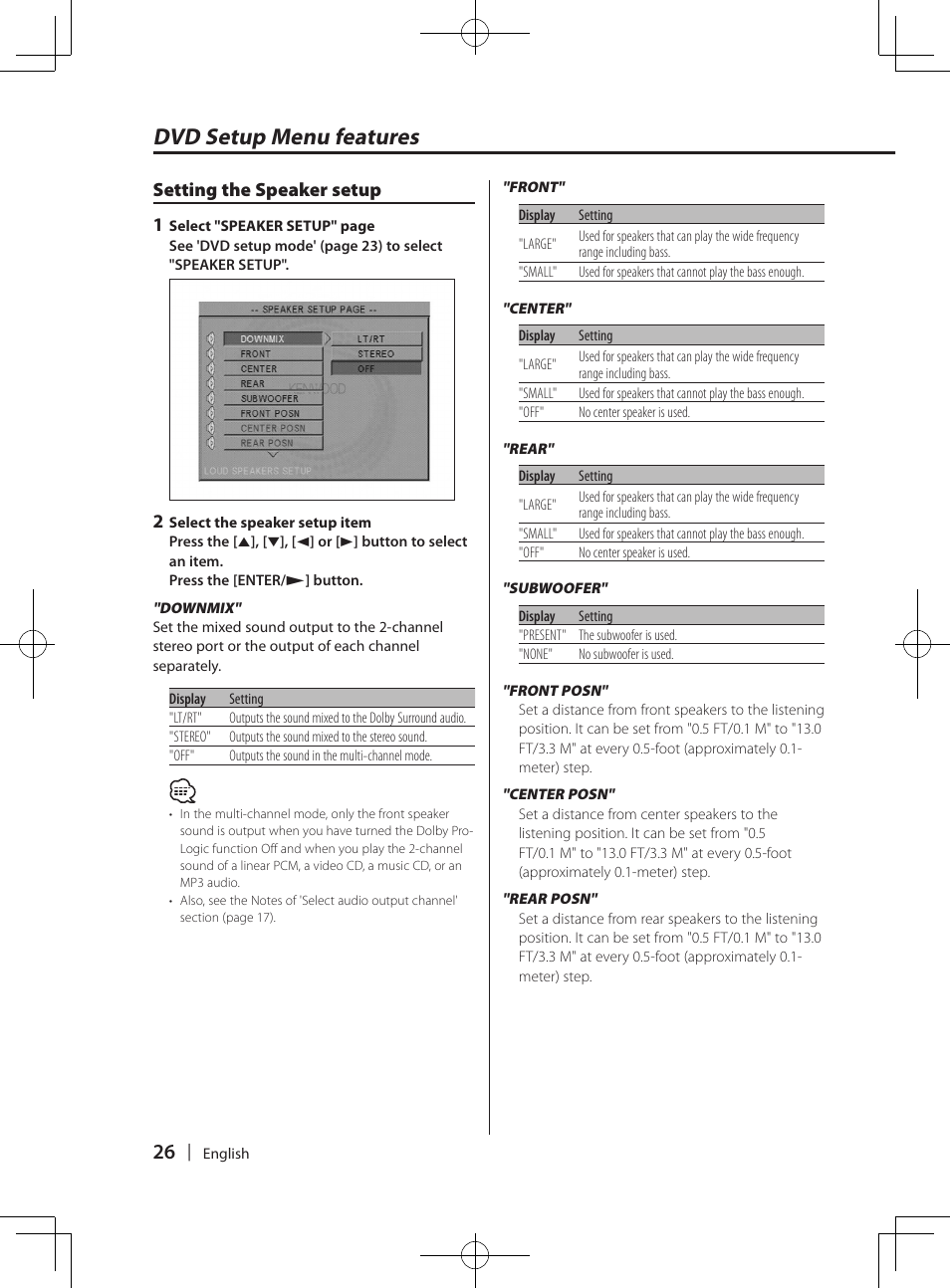 Dvd setup menu features, Setting the speaker setup 1 | Kenwood KDV-MP765 User Manual | Page 26 / 42