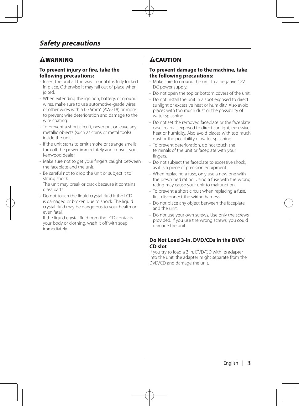 Safety precautions | Kenwood KDV-MP765 User Manual | Page 3 / 42