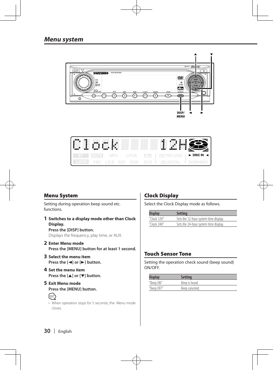 Menu system, Clock display, Touch sensor tone | Kenwood KDV-MP765 User Manual | Page 30 / 42