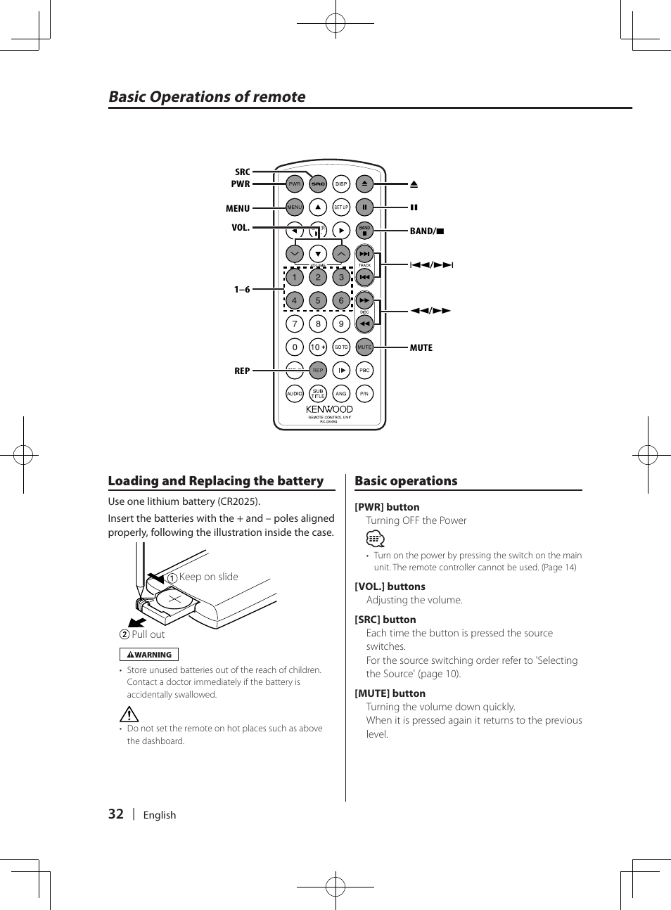 Basic operations of remote, Loading and replacing the battery, Basic operations | Kenwood KDV-MP765 User Manual | Page 32 / 42