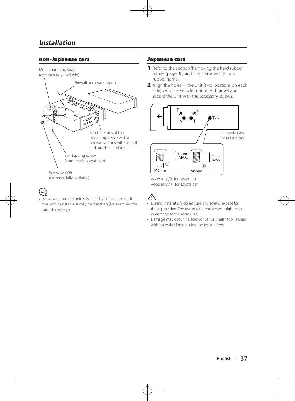 Installation, Non-japanese cars japanese cars 1 | Kenwood KDV-MP765 User Manual | Page 37 / 42