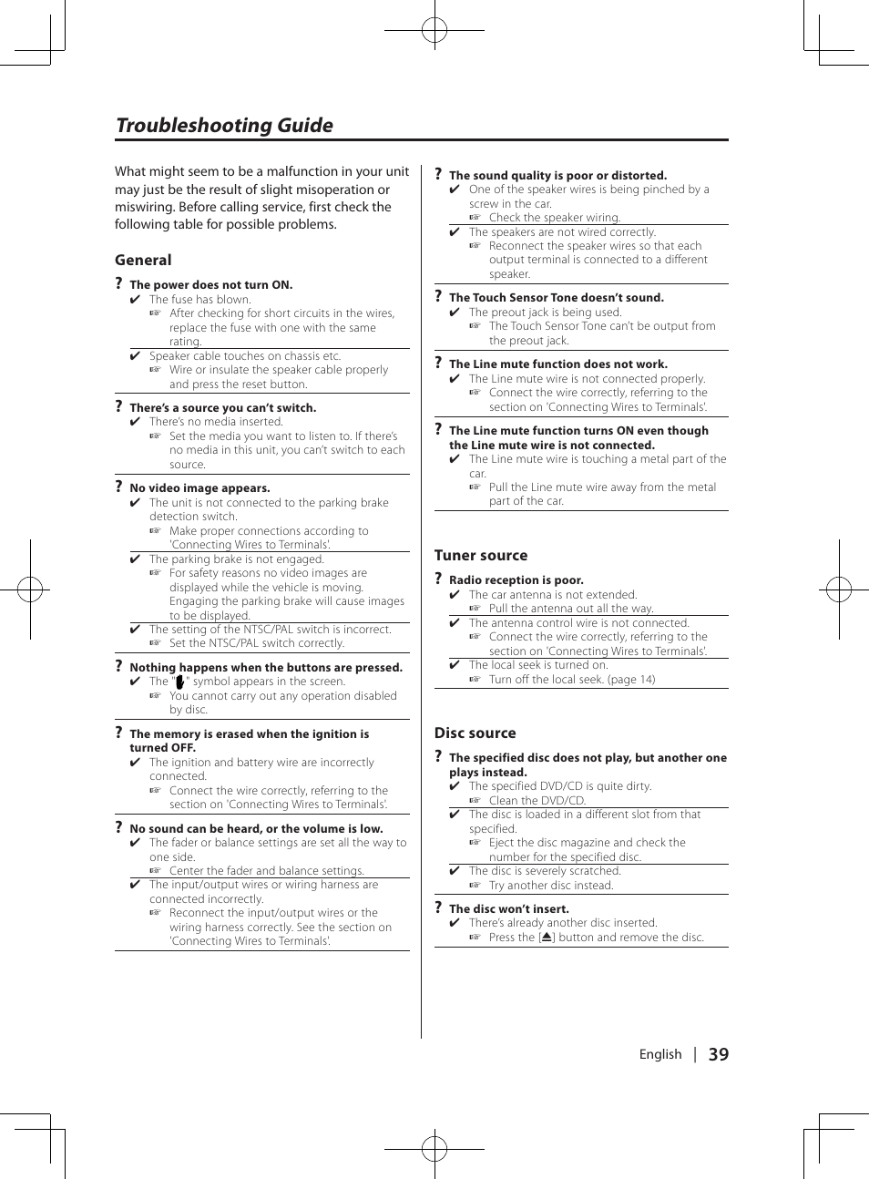 Troubleshooting guide | Kenwood KDV-MP765 User Manual | Page 39 / 42