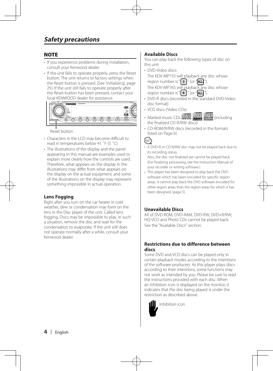 Safety precautions, Lens fogging, Available discs | Unavailable discs, Restrictions due to difference between discs | Kenwood KDV-MP765 User Manual | Page 4 / 42