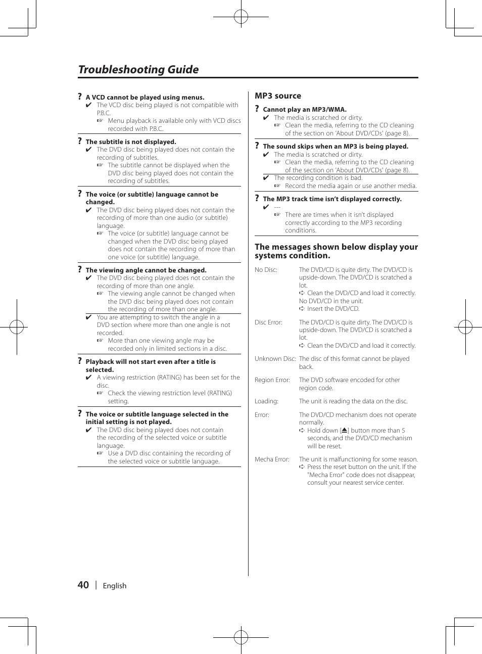 Troubleshooting guide | Kenwood KDV-MP765 User Manual | Page 40 / 42