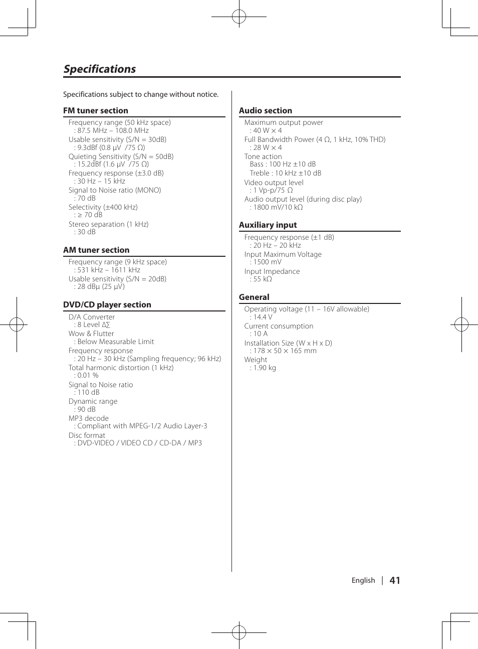 Specifications | Kenwood KDV-MP765 User Manual | Page 41 / 42