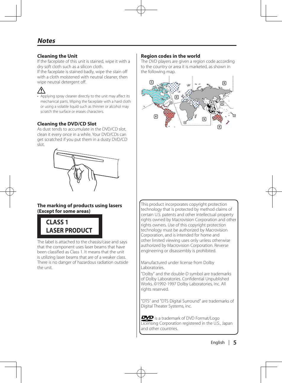 Notes, Class 1 laser product | Kenwood KDV-MP765 User Manual | Page 5 / 42