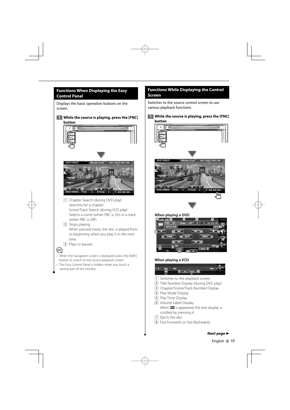 Functions when displaying the easy control panel, Functions while displaying the control screen, Next page 3 | Kenwood DNX5120 User Manual | Page 17 / 100