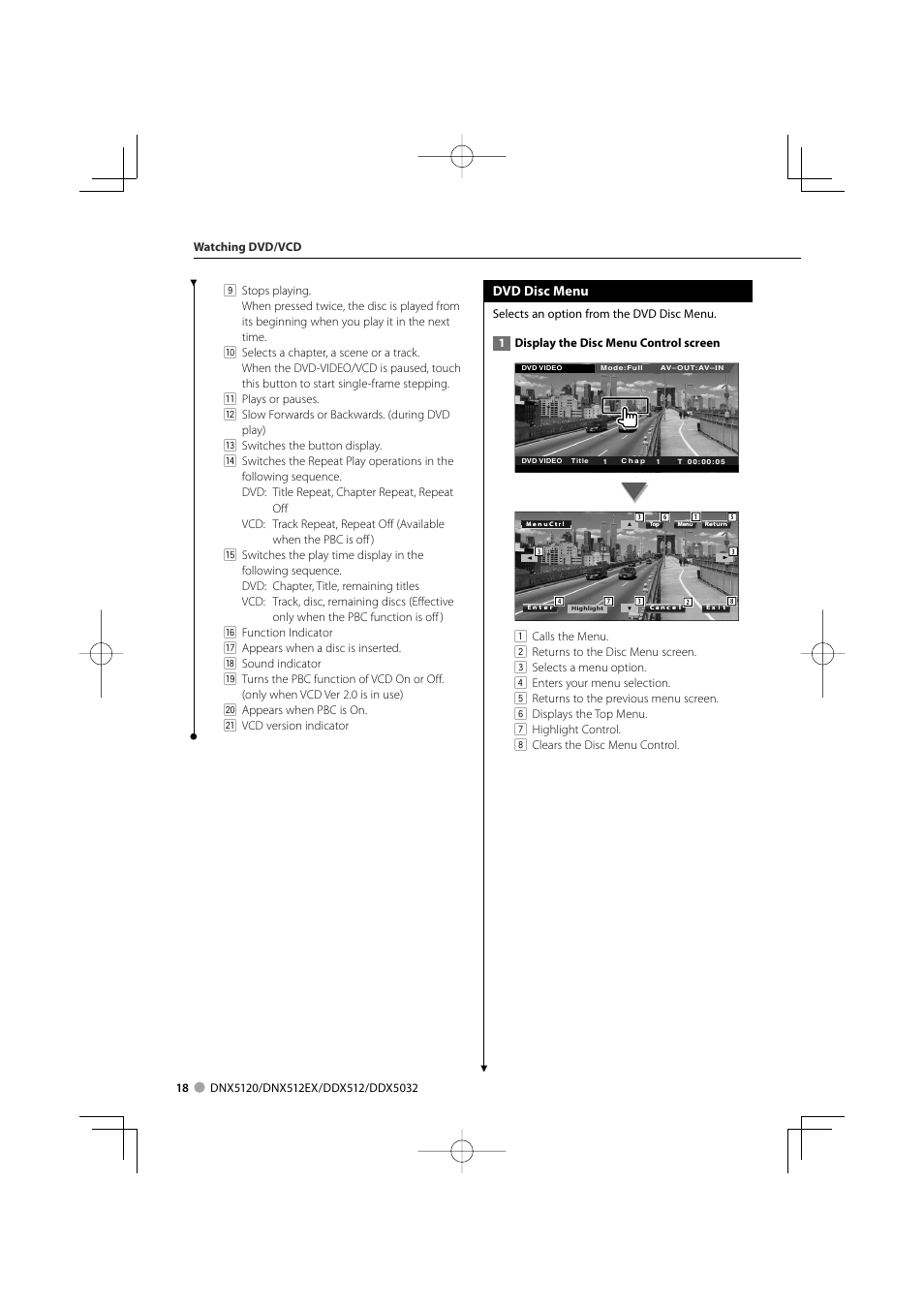 Dvd disc menu | Kenwood DNX5120 User Manual | Page 18 / 100