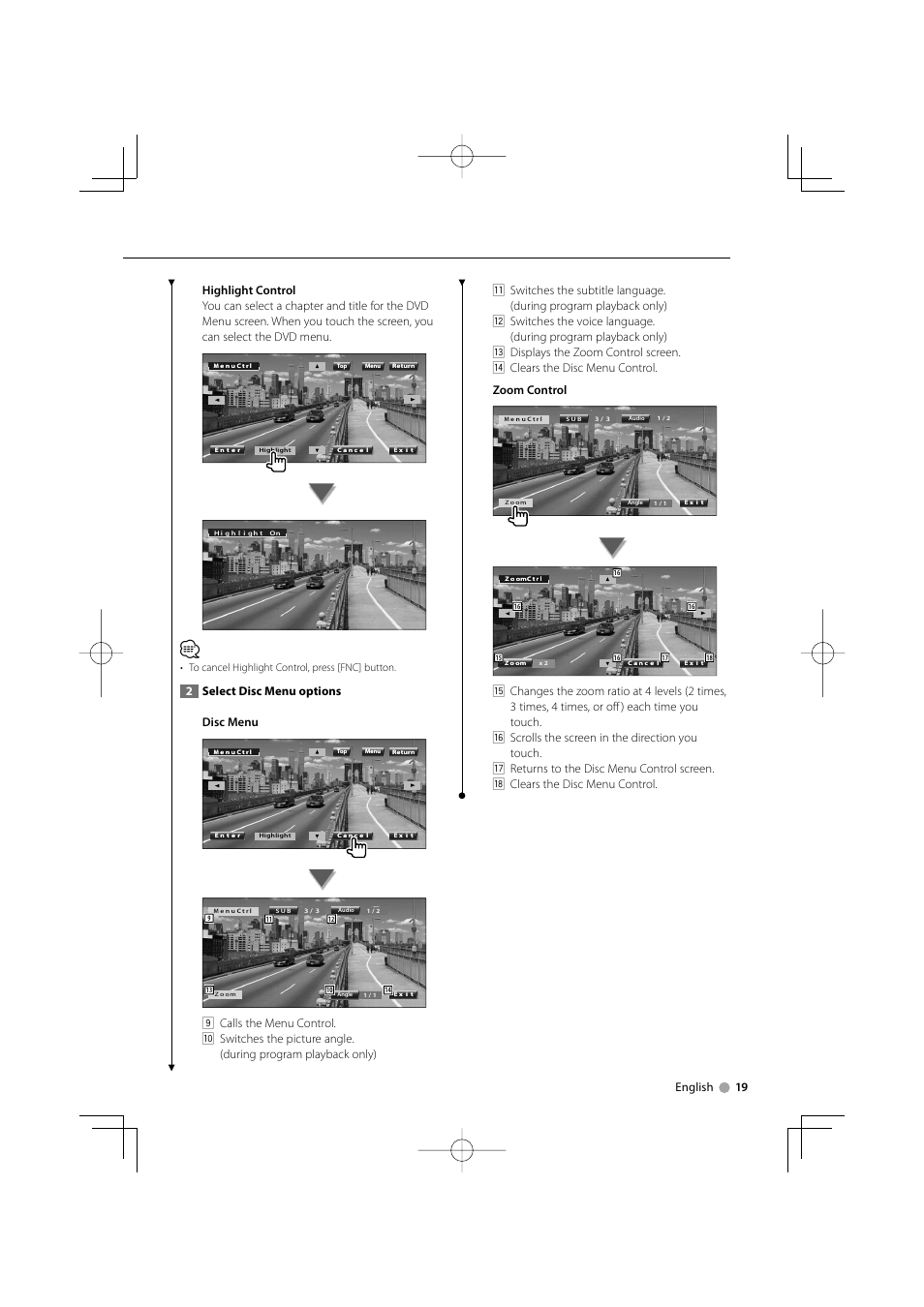 2select disc menu options disc menu | Kenwood DNX5120 User Manual | Page 19 / 100