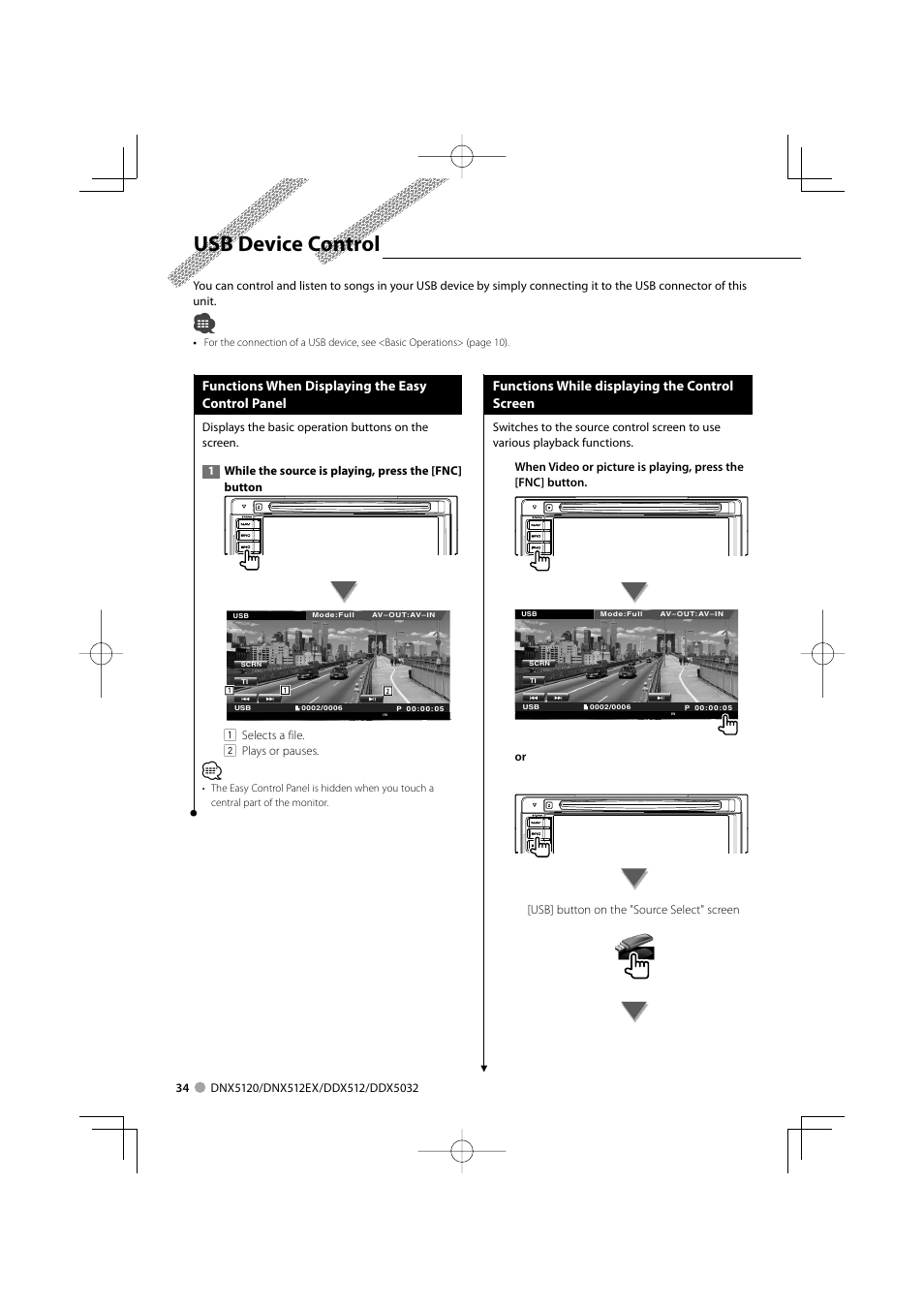 Usb device control, Functions when displaying the easy control panel, Functions while displaying the control screen | Kenwood DNX5120 User Manual | Page 34 / 100