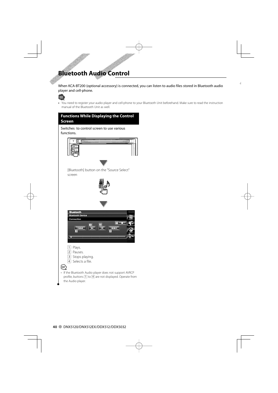 Bluetooth audio control | Kenwood DNX5120 User Manual | Page 40 / 100