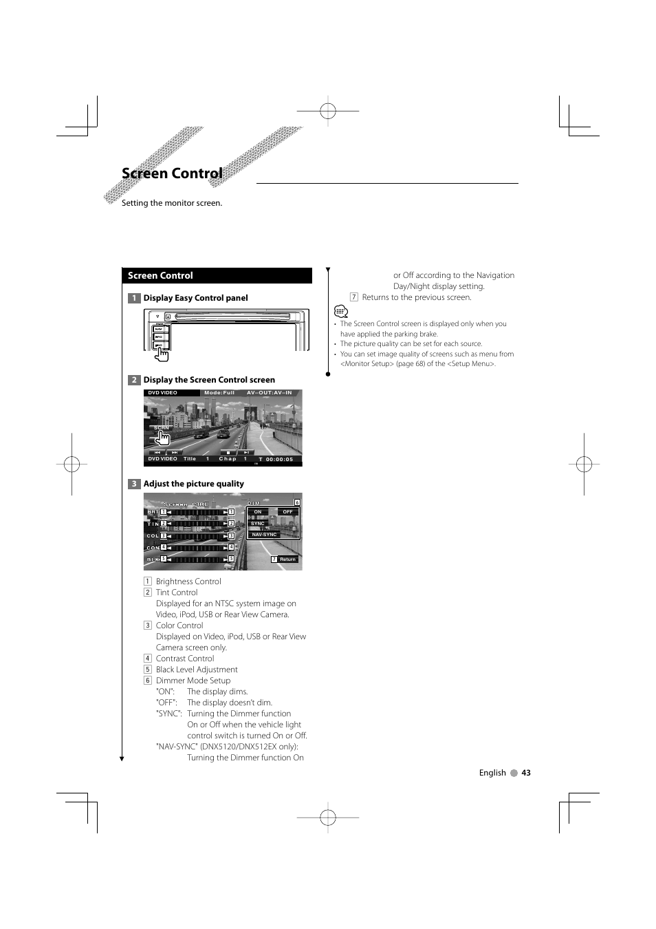 Screen control | Kenwood DNX5120 User Manual | Page 43 / 100