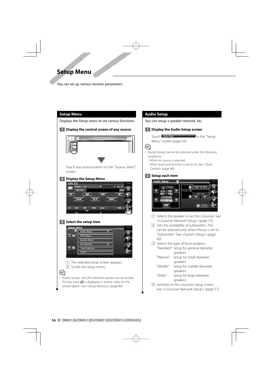 Setup menu | Kenwood DNX5120 User Manual | Page 56 / 100