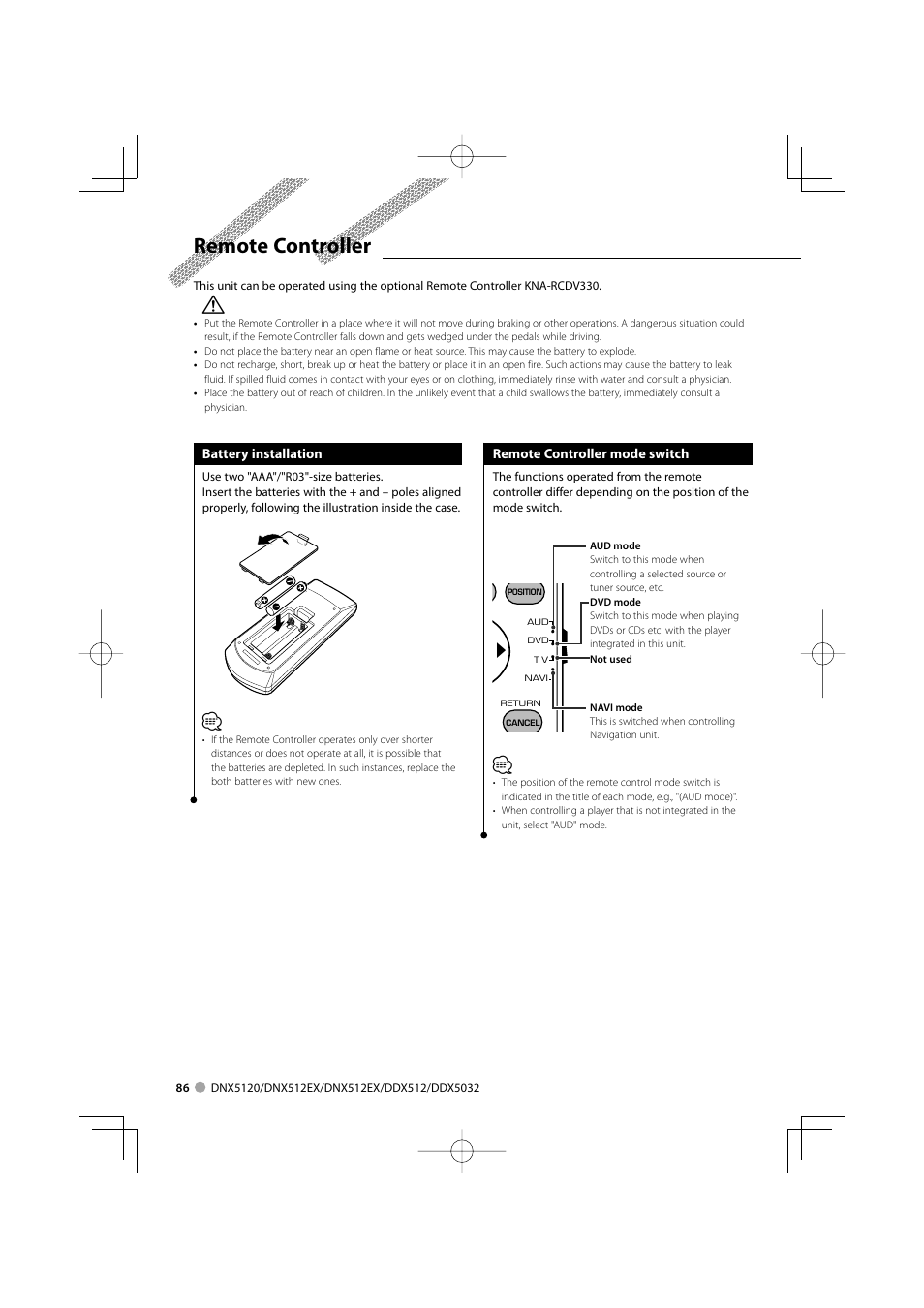 Remote controller | Kenwood DNX5120 User Manual | Page 86 / 100