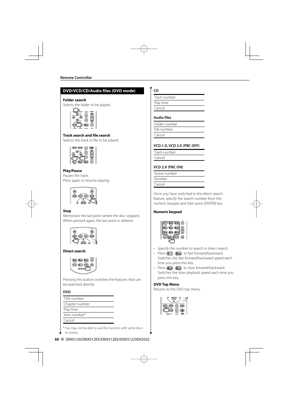 Dvd/vcd/cd/audio files (dvd mode), Folder search selects the folder to be played, Direct search | Remote controller | Kenwood DNX5120 User Manual | Page 88 / 100