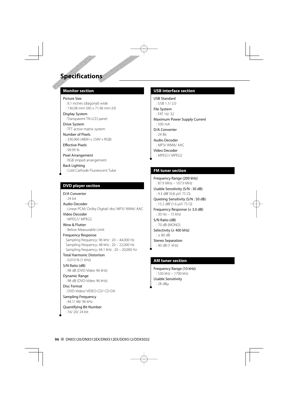 Specifications | Kenwood DNX5120 User Manual | Page 96 / 100