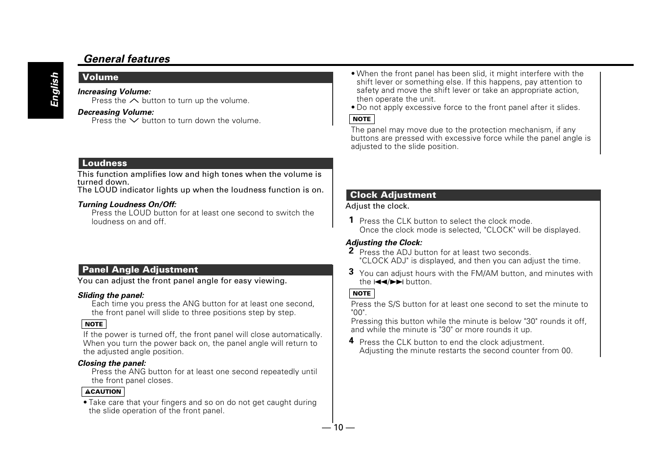 Volume, Loudness, Panel angle adjustment | Clock adjustment, General features | Kenwood Z919 User Manual | Page 10 / 49