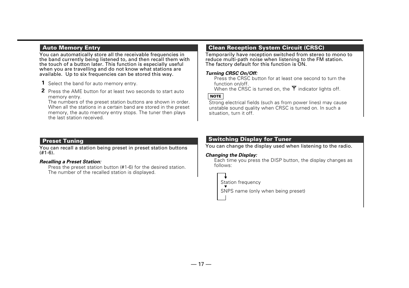 Auto memory entry, Preset tuning, Clean reception system circuit (crsc) | Switching display for tuner | Kenwood Z919 User Manual | Page 17 / 49