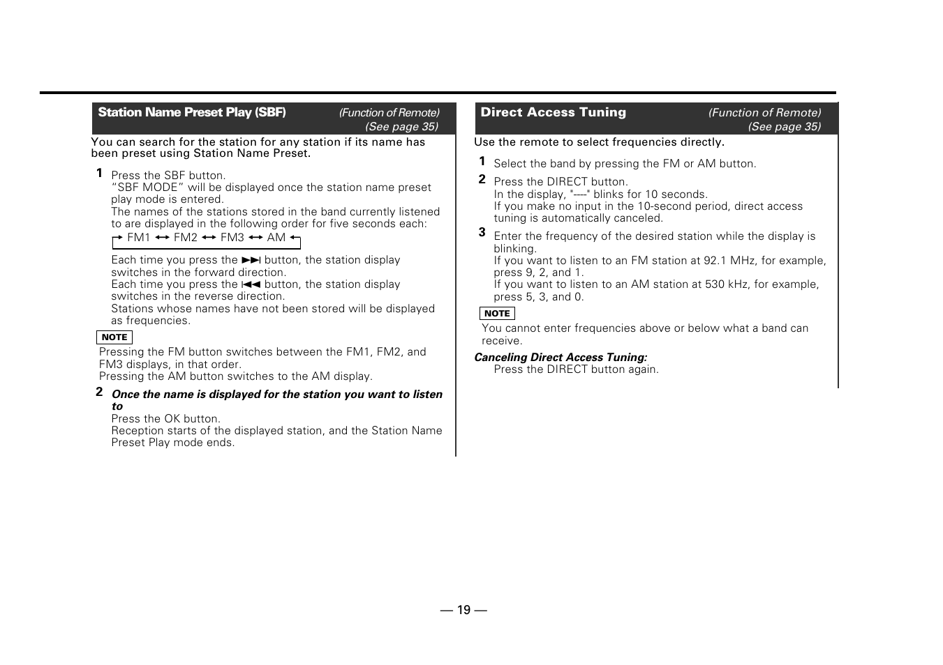 Station name preset play (sbf), Direct access tuning | Kenwood Z919 User Manual | Page 19 / 49