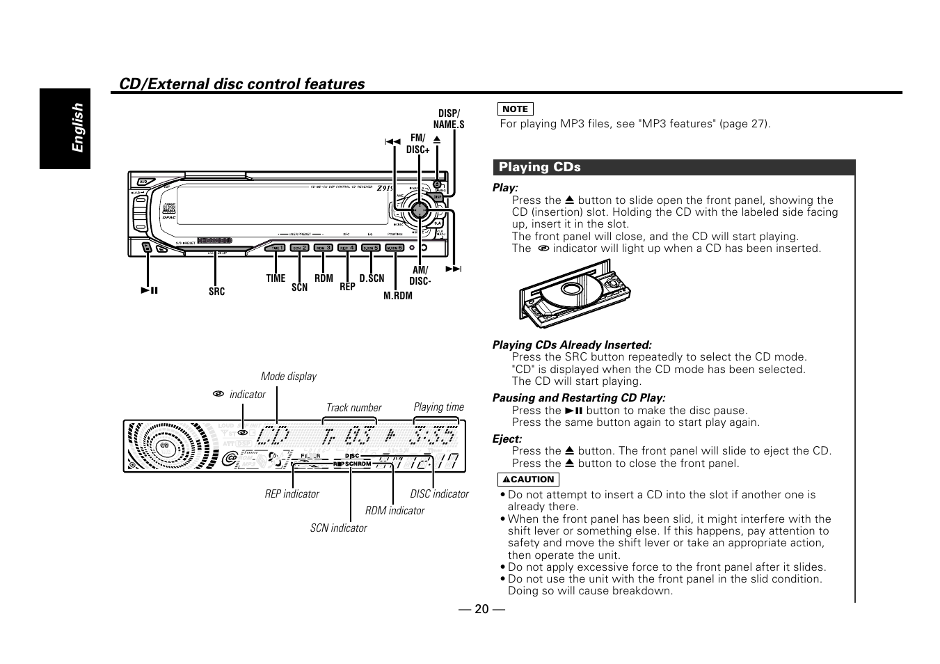 Cd/external disc control features, Playing cds | Kenwood Z919 User Manual | Page 20 / 49