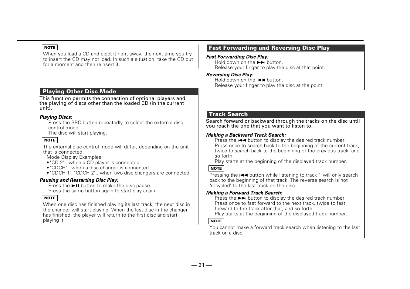 Playing other disc mode, Fast forwarding and reversing disc play, Track search | Kenwood Z919 User Manual | Page 21 / 49