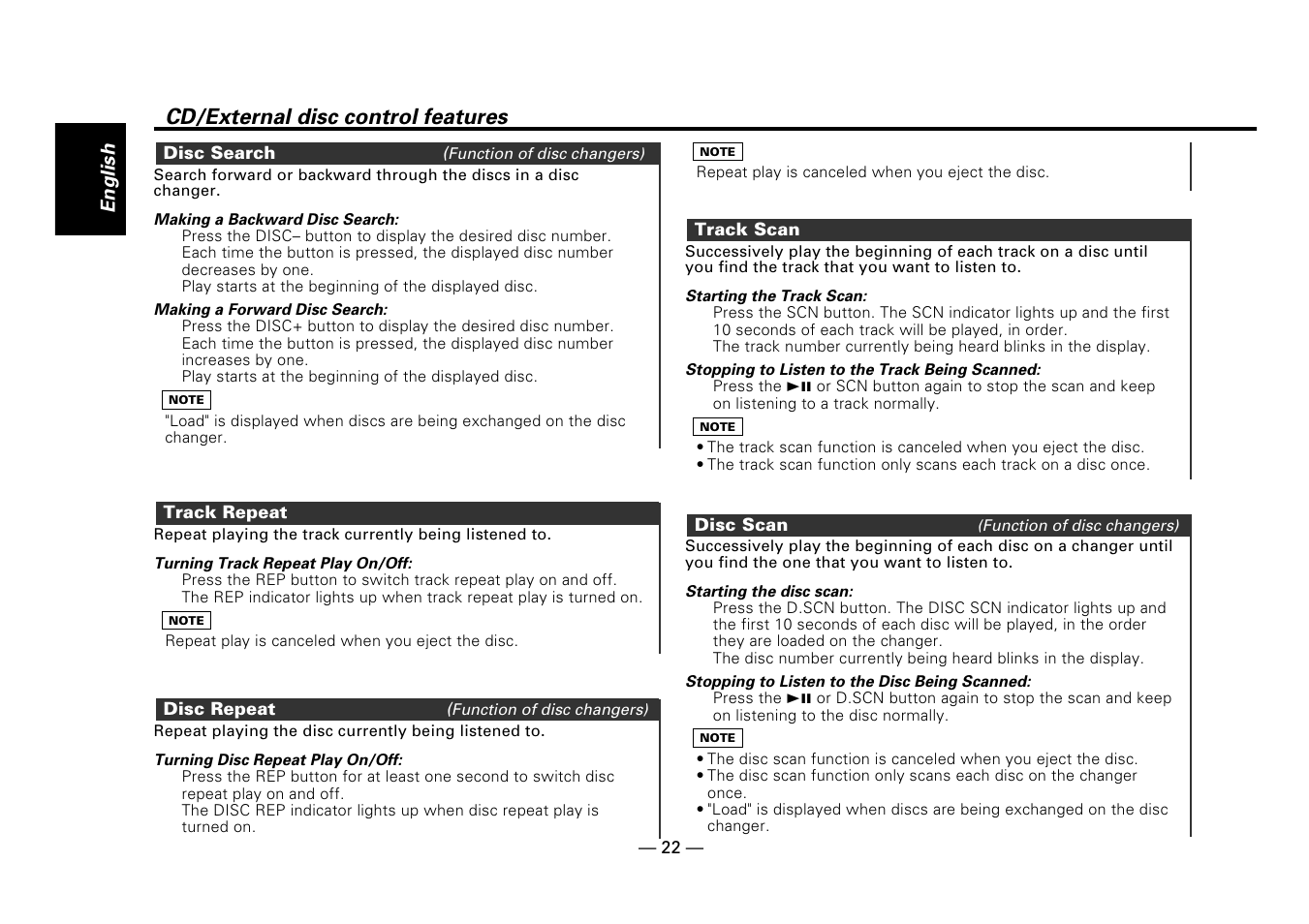 Disc search, Track repeat, Disc repeat | Track scan, Disc scan, Cd/external disc control features | Kenwood Z919 User Manual | Page 22 / 49