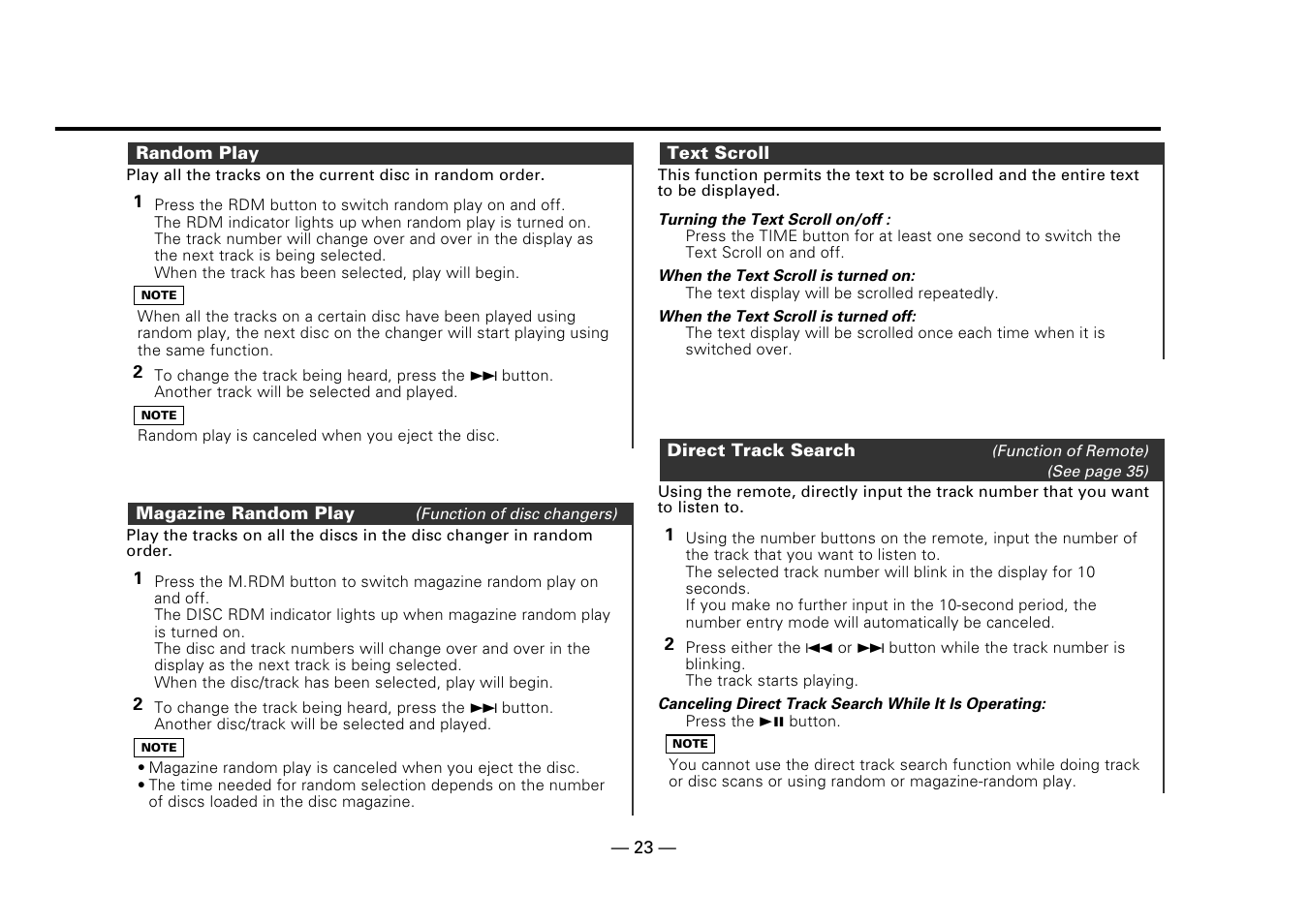 Random play, Magazine random play, Text scroll | Direct track search | Kenwood Z919 User Manual | Page 23 / 49