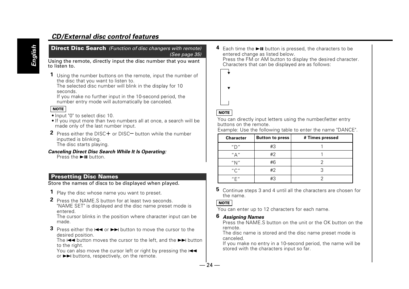 Direct disc search, Presetting disc names, Cd/external disc control features | Kenwood Z919 User Manual | Page 24 / 49