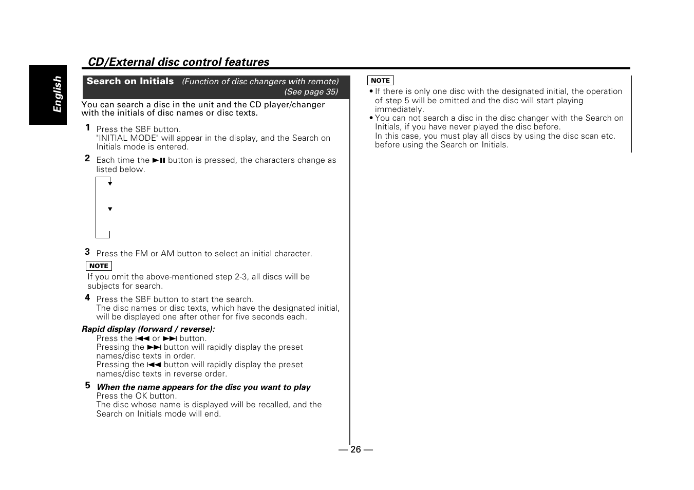 Search on initials, Cd/external disc control features | Kenwood Z919 User Manual | Page 26 / 49