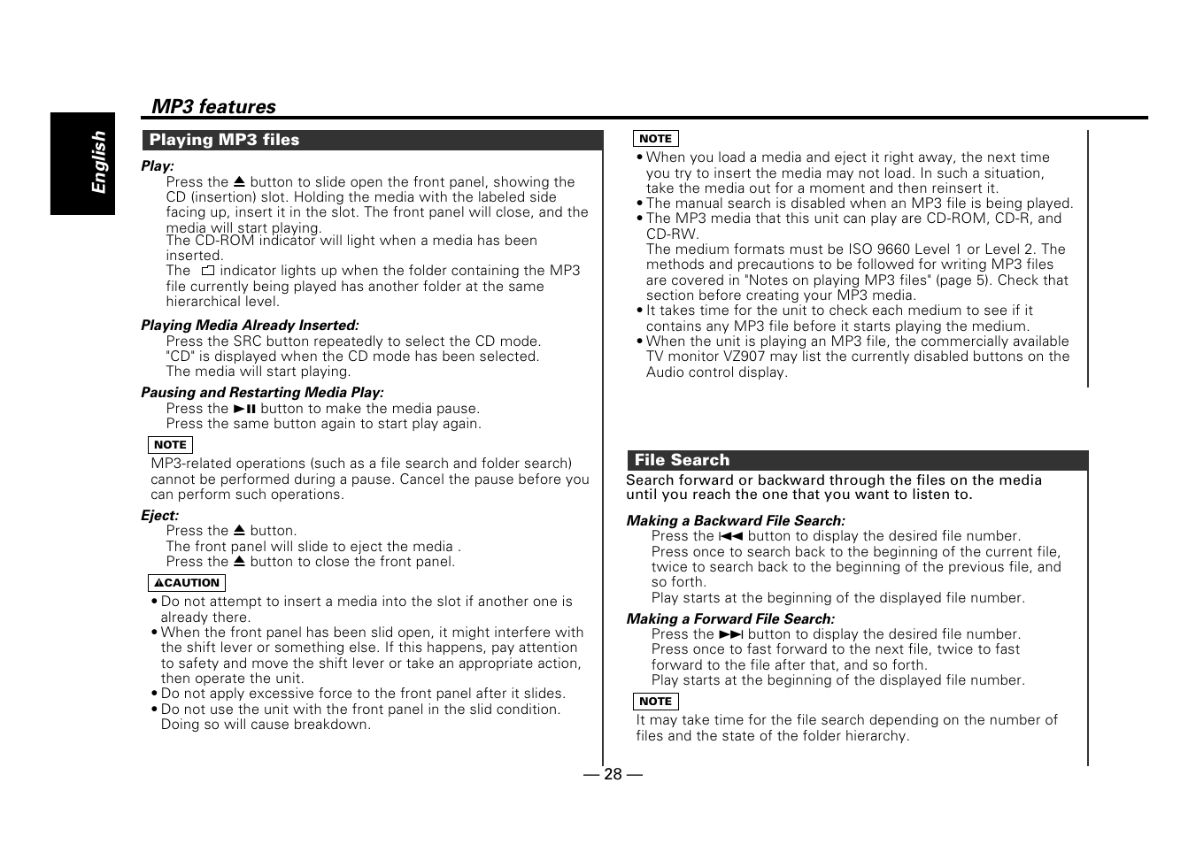 Playing mp3 files, File search, Mp3 features | Kenwood Z919 User Manual | Page 28 / 49