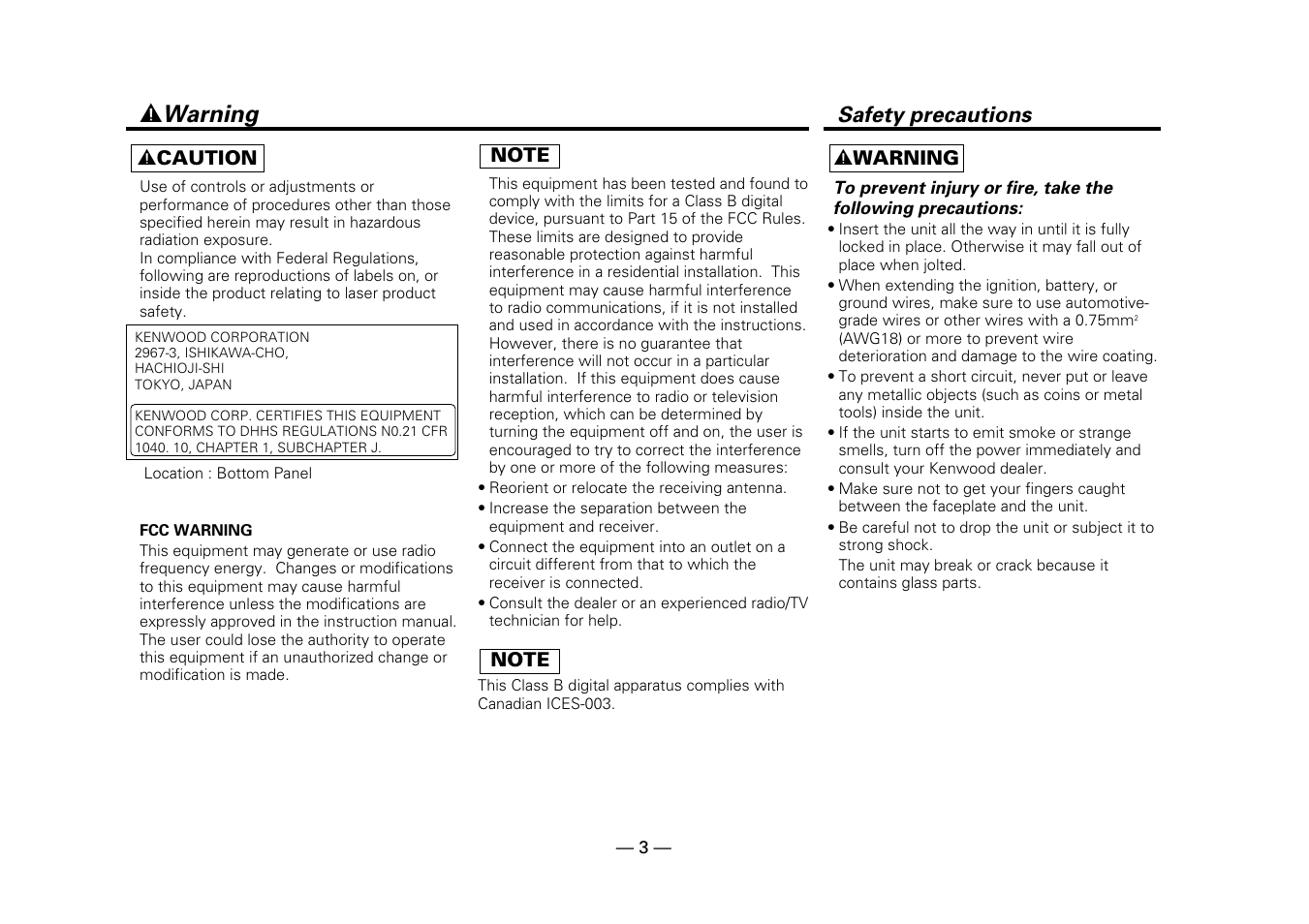 Warning, 2 warning, Safety precautions | Kenwood Z919 User Manual | Page 3 / 49