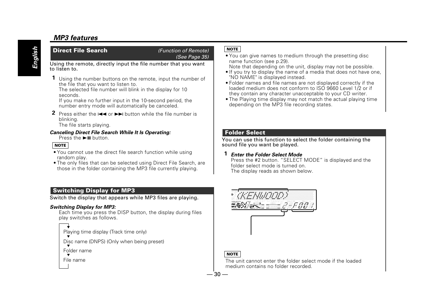 Direct file search, Switching display for mp3, Folder select | Mp3 features | Kenwood Z919 User Manual | Page 30 / 49