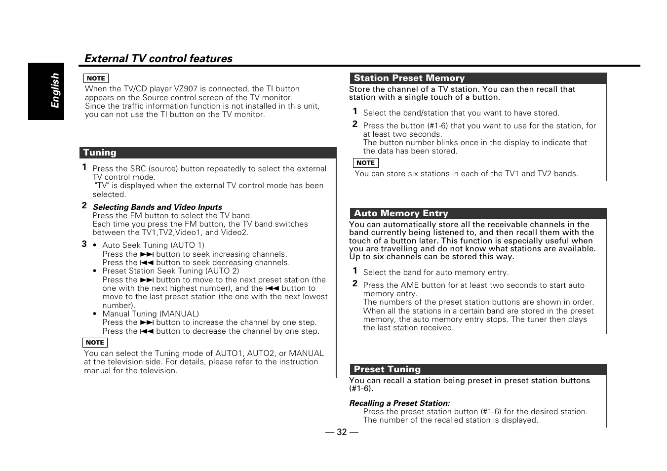 Tuning, Station preset memory, Auto memory entry | Preset tuning, External tv control features | Kenwood Z919 User Manual | Page 32 / 49