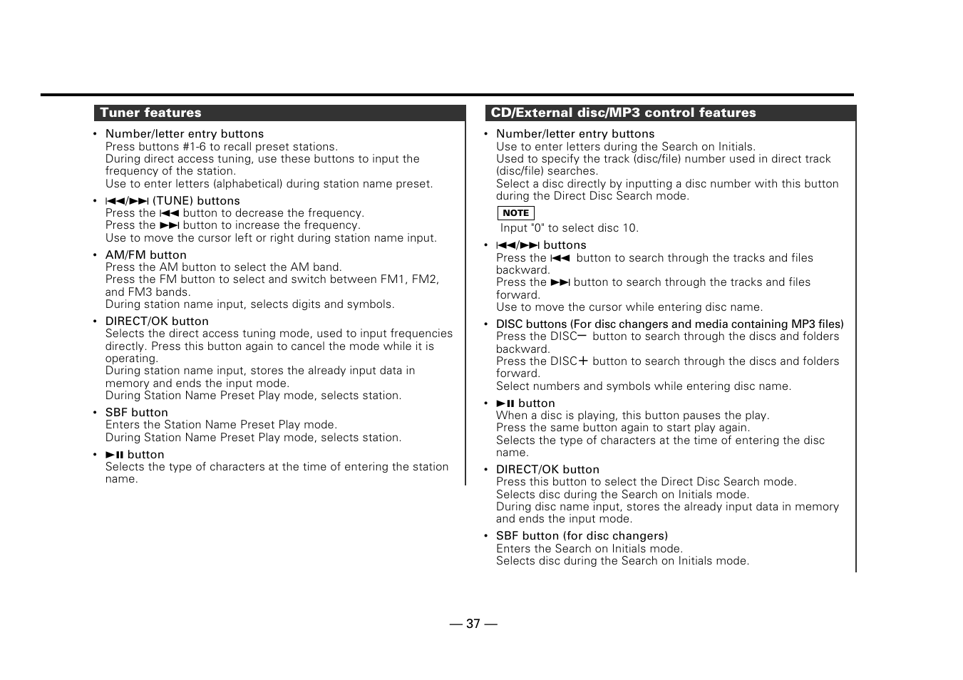 Tuner features, Cd/external disc/mp3 control features | Kenwood Z919 User Manual | Page 37 / 49