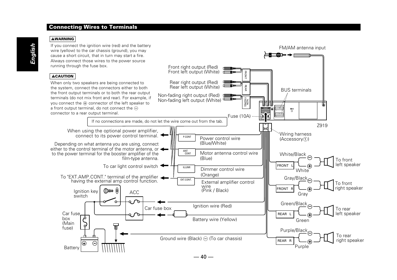 Connecting wires to terminals, English | Kenwood Z919 User Manual | Page 40 / 49