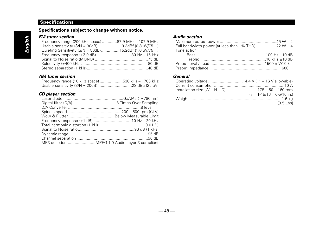 Specifications | Kenwood Z919 User Manual | Page 48 / 49