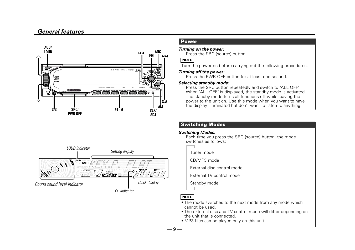 General features, Power, Switching modes | Kenwood Z919 User Manual | Page 9 / 49