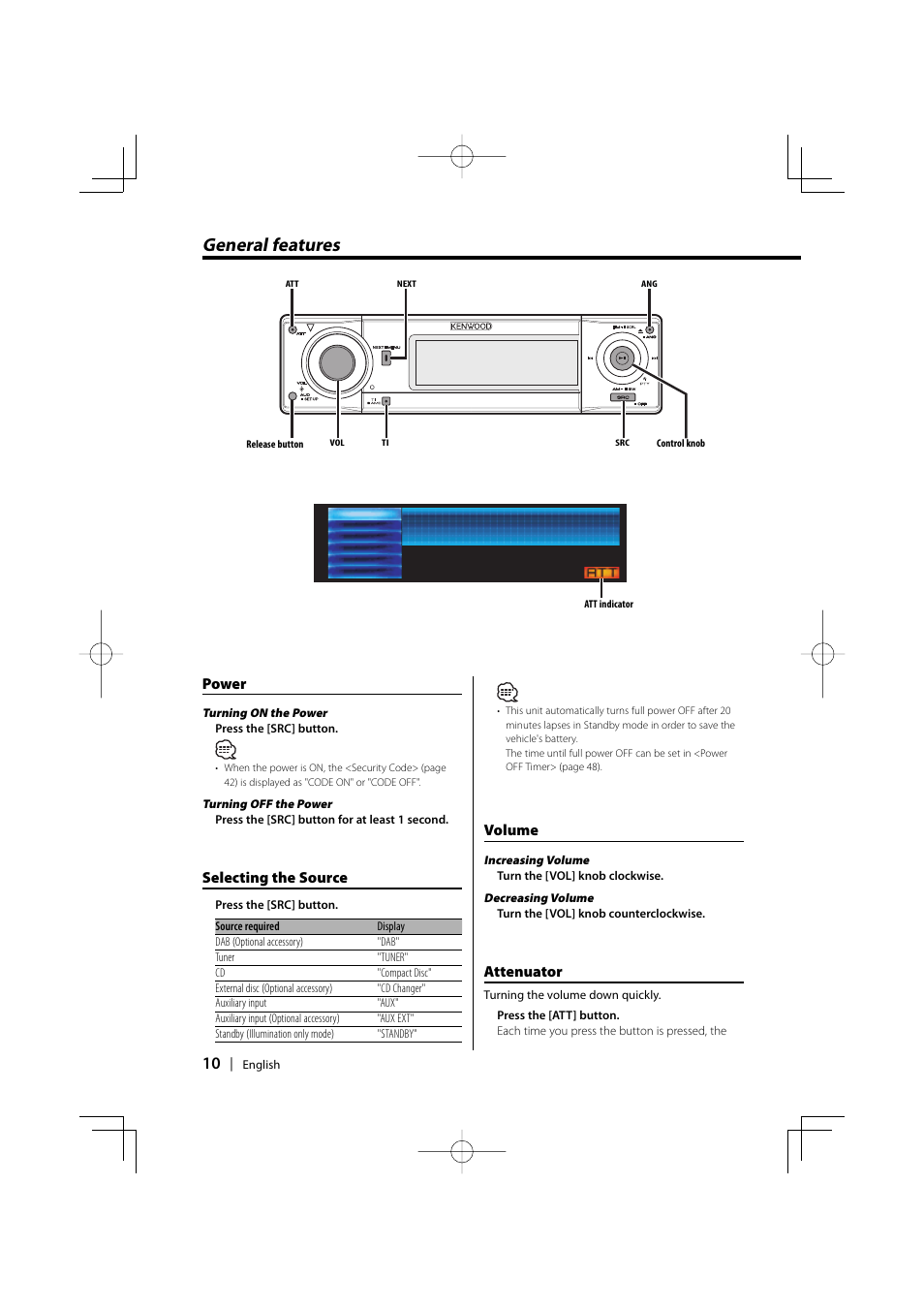 General features, Power, Selecting the source | Volume, Attenuator | Kenwood KDC-PSW9531 User Manual | Page 10 / 64