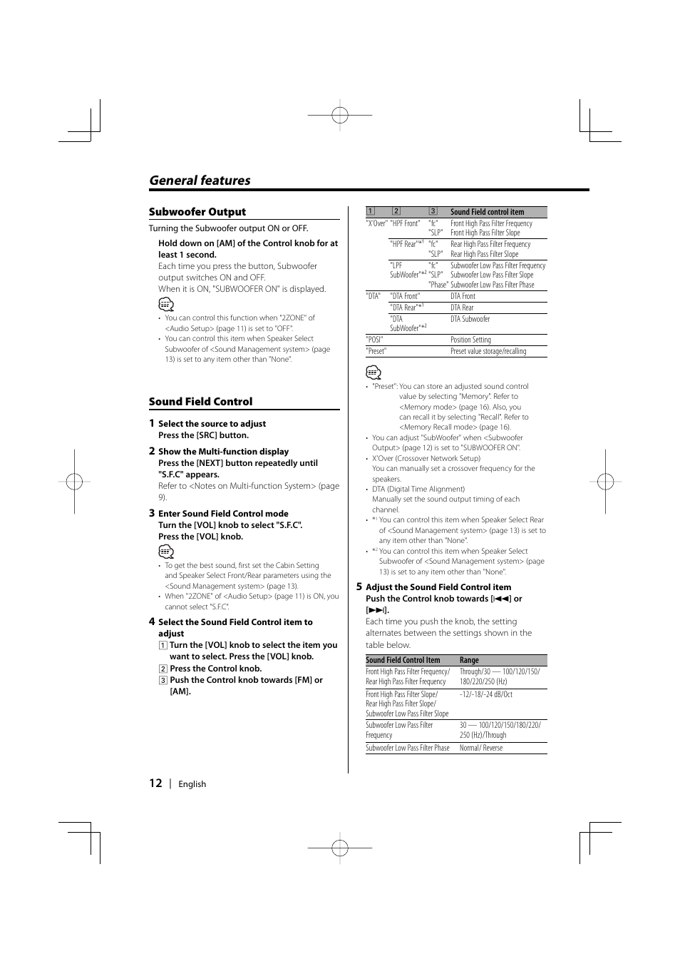General features, Subwoofer output, Sound field control 1 | Kenwood KDC-PSW9531 User Manual | Page 12 / 64
