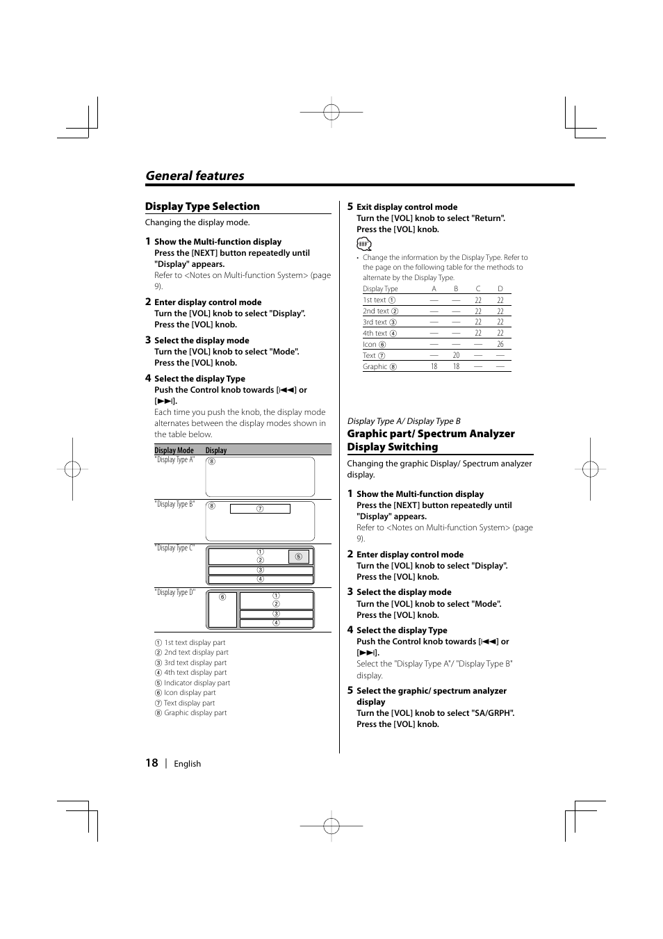 General features, Display type selection, Graphic part/ spectrum analyzer display switching | Kenwood KDC-PSW9531 User Manual | Page 18 / 64