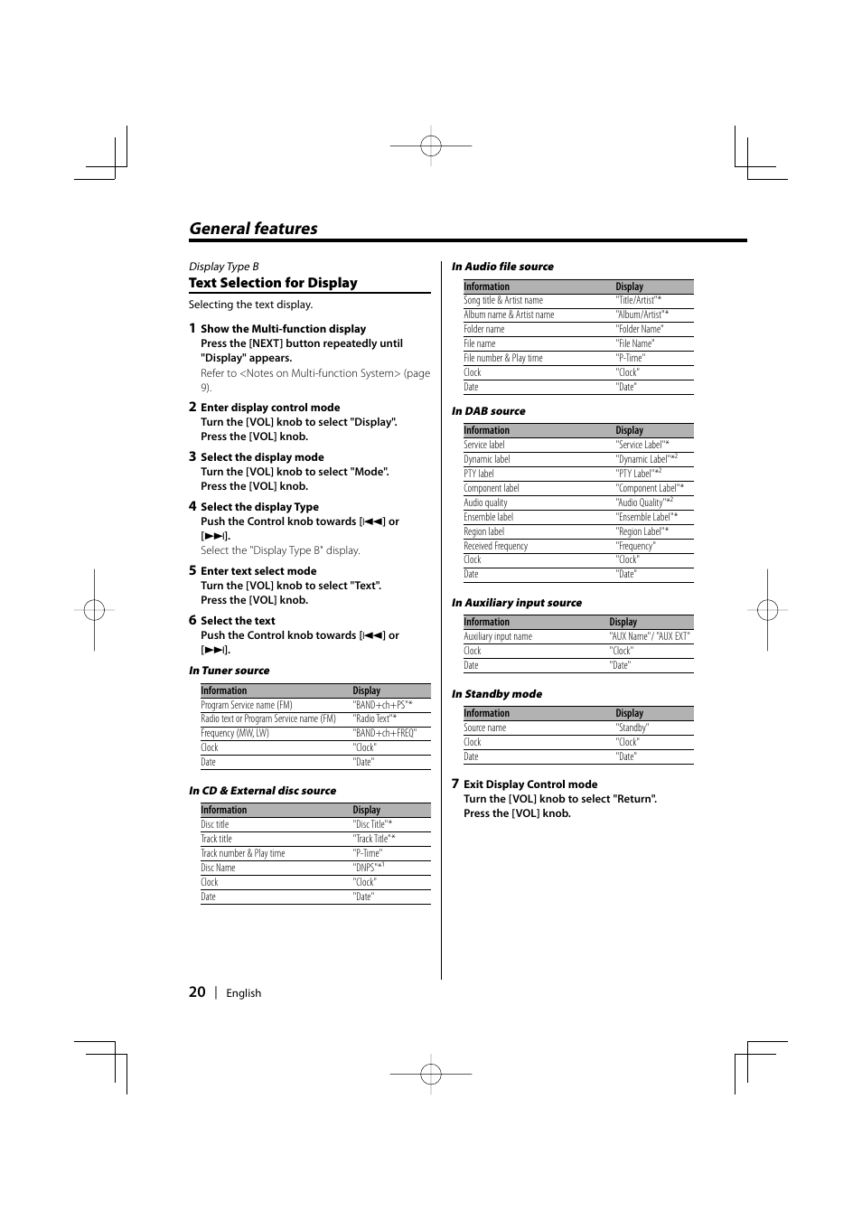 General features, Text selection for display | Kenwood KDC-PSW9531 User Manual | Page 20 / 64