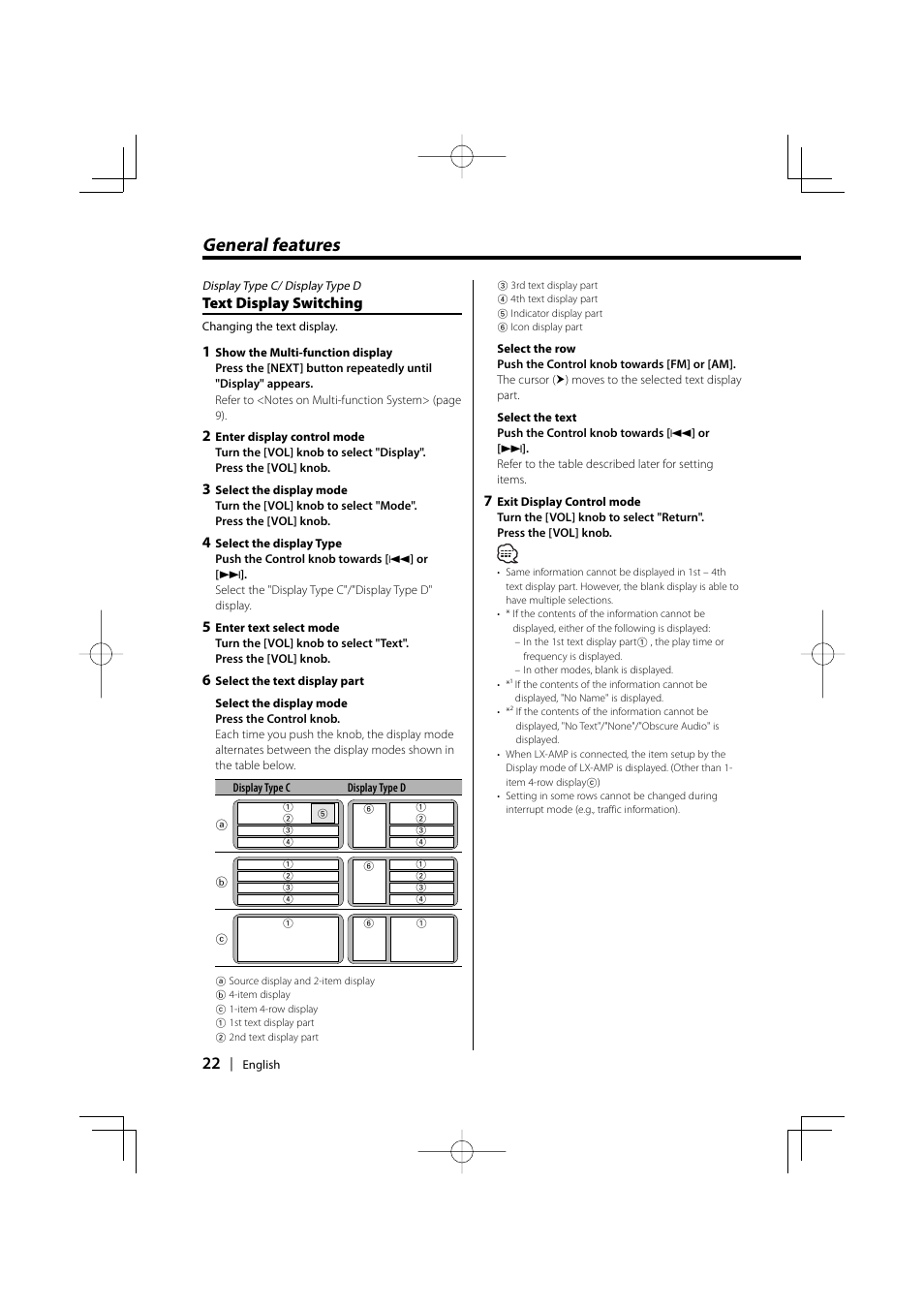 General features, Text display switching | Kenwood KDC-PSW9531 User Manual | Page 22 / 64