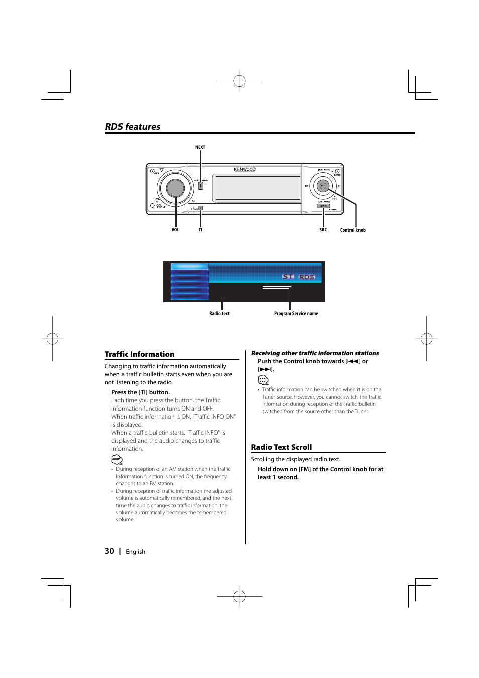 Rds features, Traffic information, Radio text scroll | Kenwood KDC-PSW9531 User Manual | Page 30 / 64