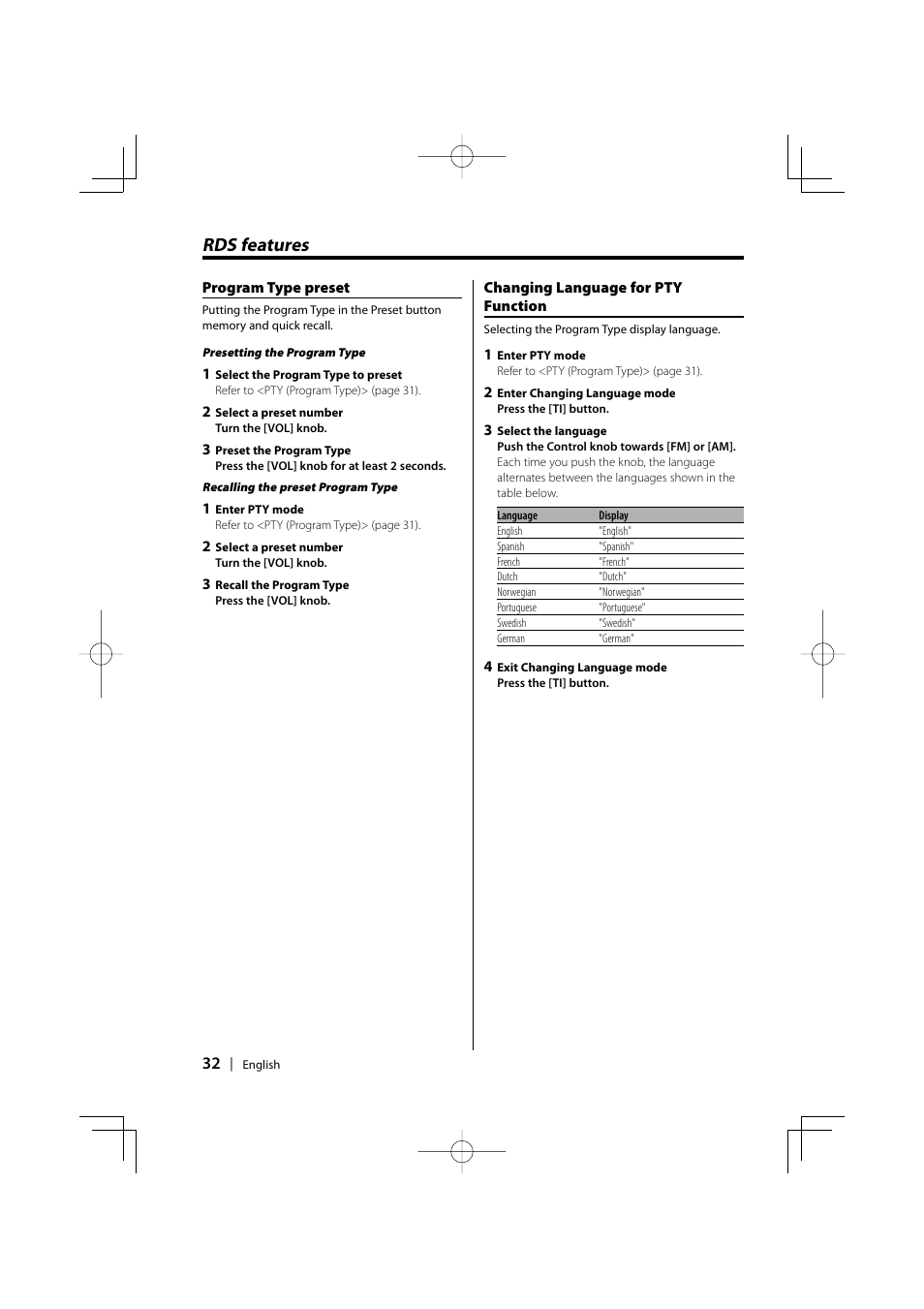 Rds features | Kenwood KDC-PSW9531 User Manual | Page 32 / 64