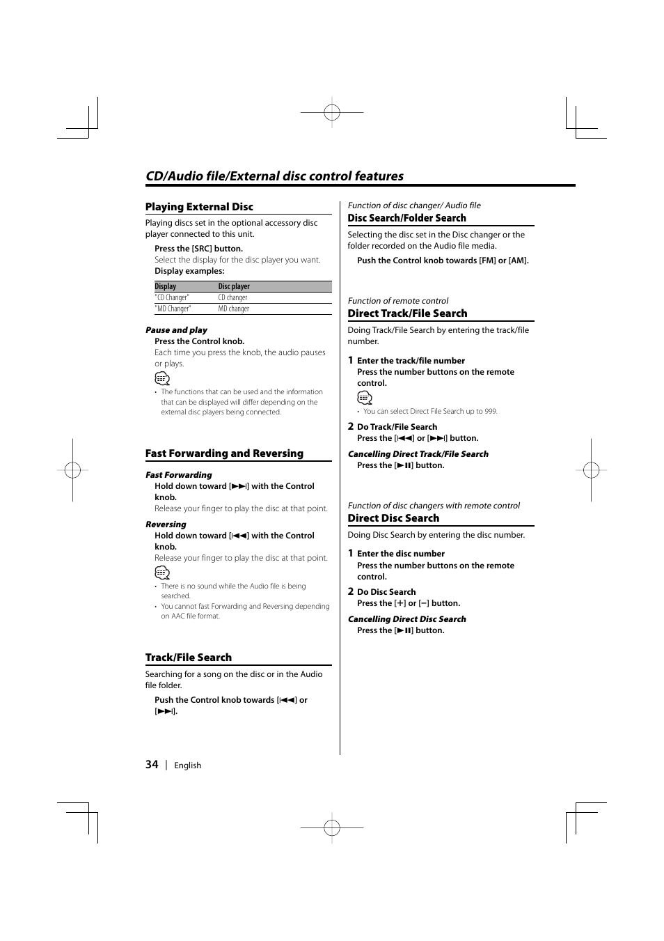 Cd/audio file/external disc control features | Kenwood KDC-PSW9531 User Manual | Page 34 / 64