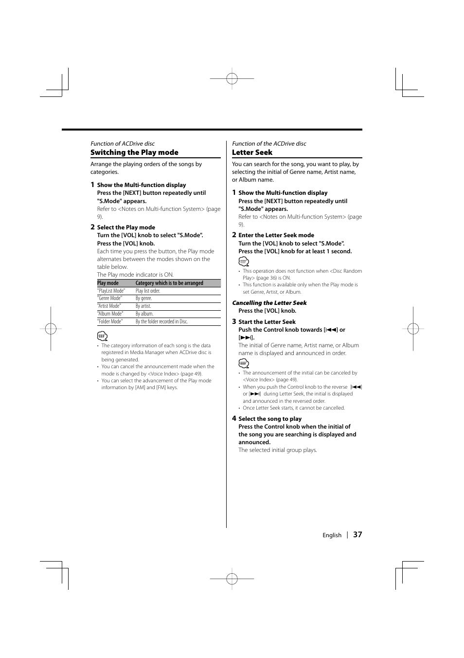 Switching the play mode, Letter seek | Kenwood KDC-PSW9531 User Manual | Page 37 / 64