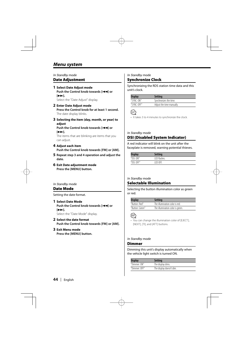 Menu system | Kenwood KDC-PSW9531 User Manual | Page 44 / 64